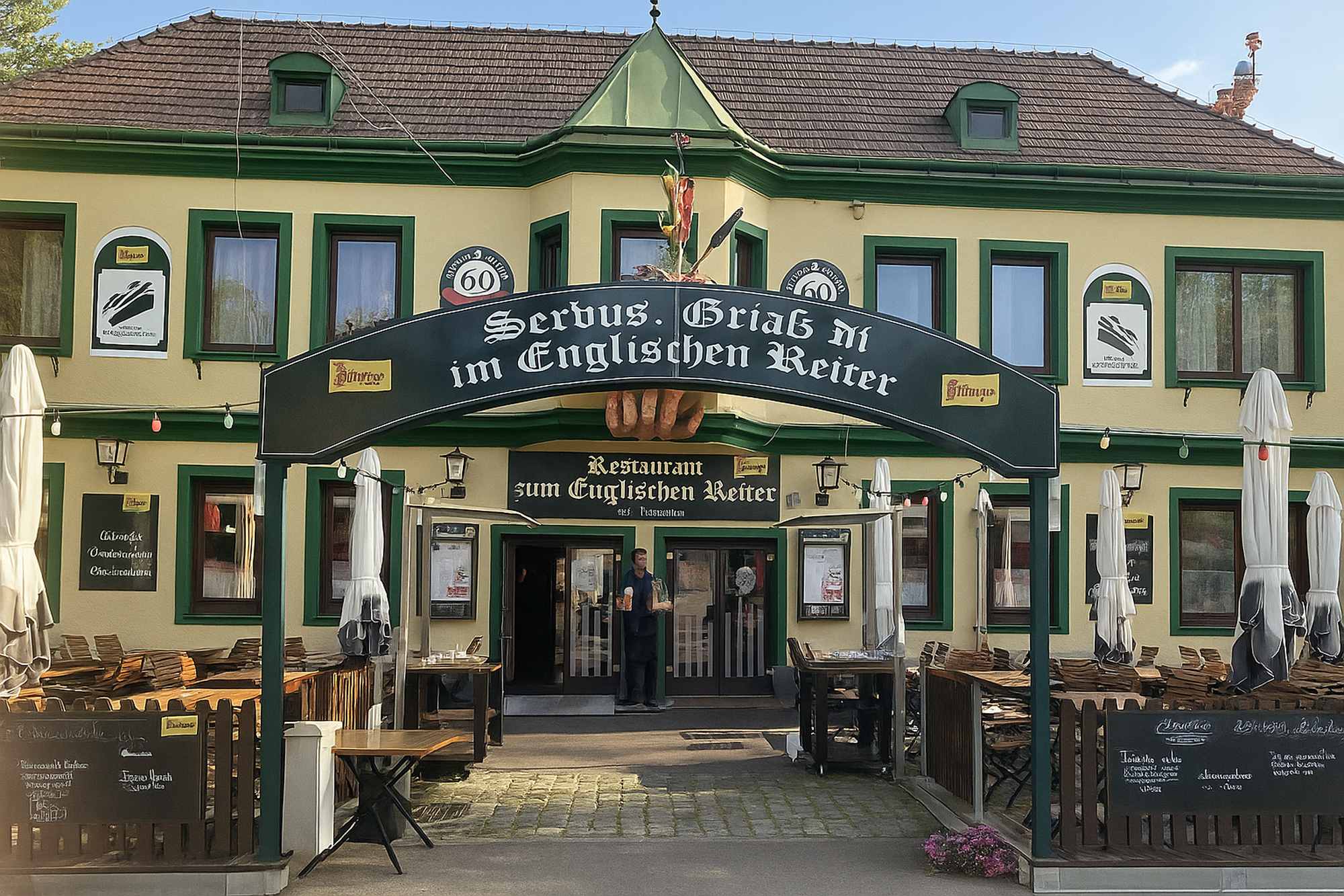 Haupteingang vom Restaurant zum Englischen Reiter. Tagesansicht.