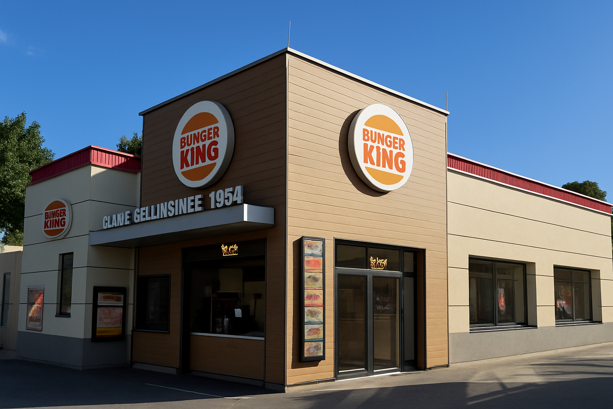 Eingang des Burger King Restaurant. Tagesansicht.