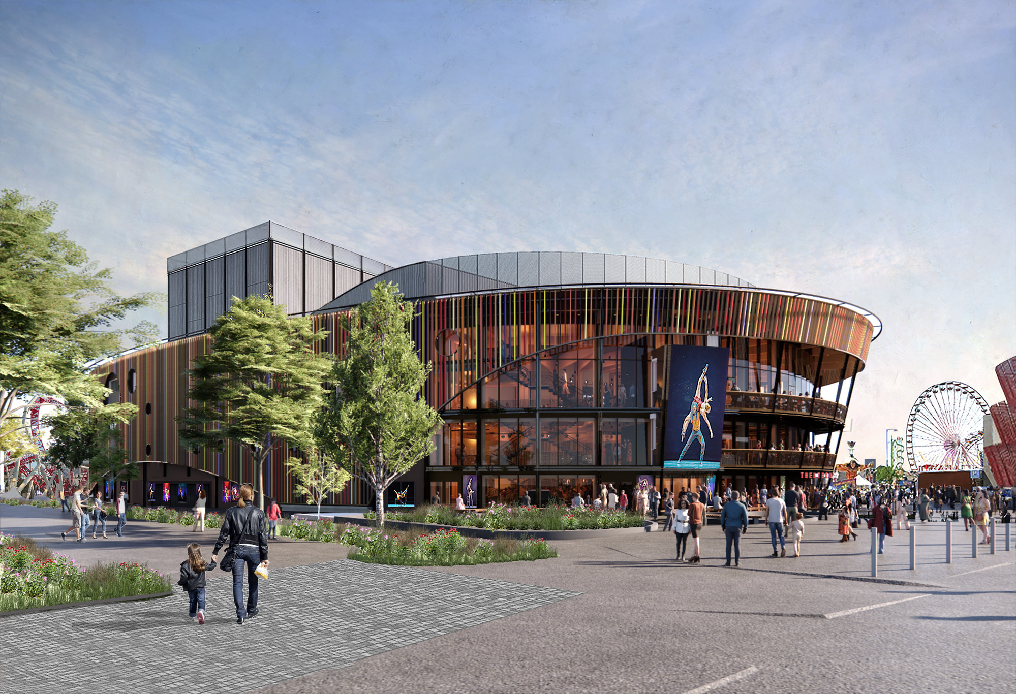 Fotomontage vom Theater im Prater, das 2027 eröffnet werden soll. Blickrichtung Nordost.