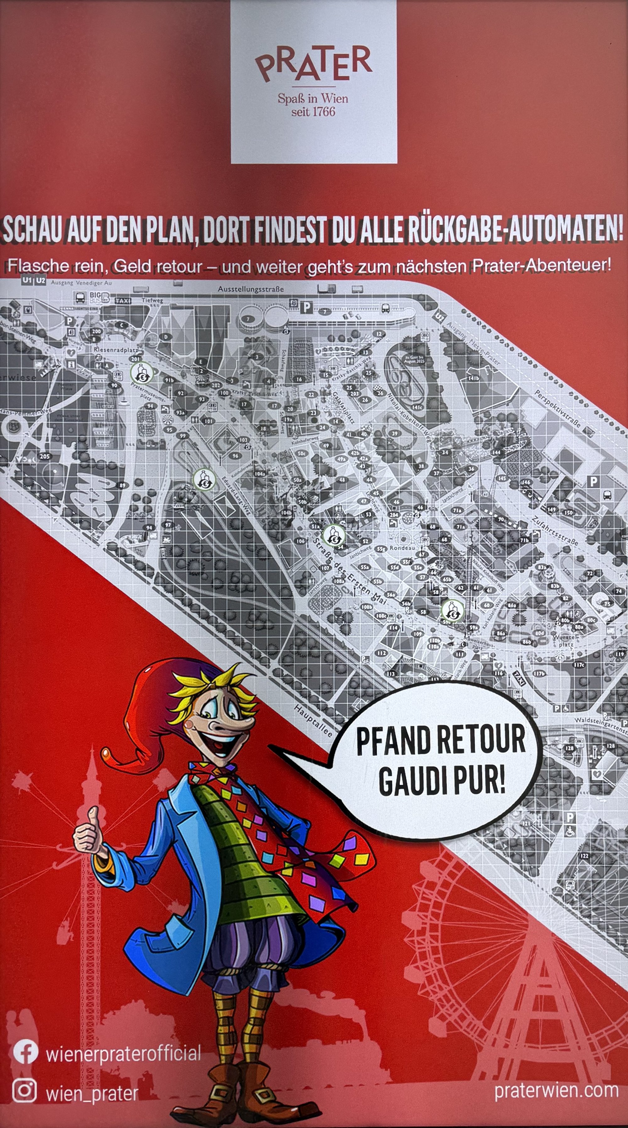 Plan vom Wurstelprater auf dem die Pfand Rücknahme Automaten angezeigt werden.